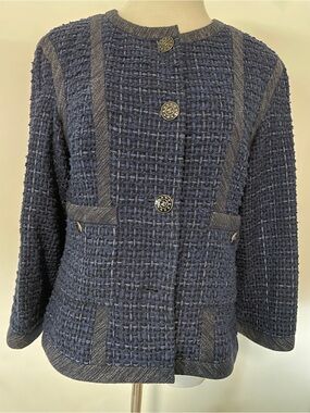 CHANEL Navy Bouclé Tweed Jacket with Decorative Buttons